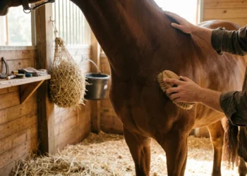 Caretaker brushing a brown horse in a stable