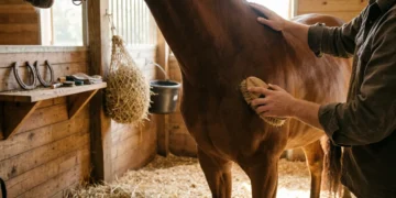 Caretaker brushing a brown horse in a stable